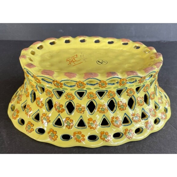 Vintage Hand Painted Lattice Ceramic Basket 10" Yellow Signed France RARE - Picture 8 of 9